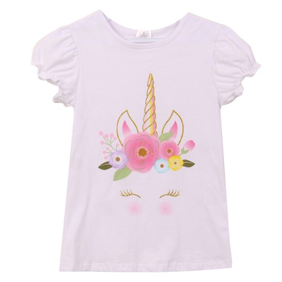 Little Girls Kids Unicorn Floral Ruffle Sleeve T-Shirt Tee Top Clothing Cotton - Picture 1 of 4